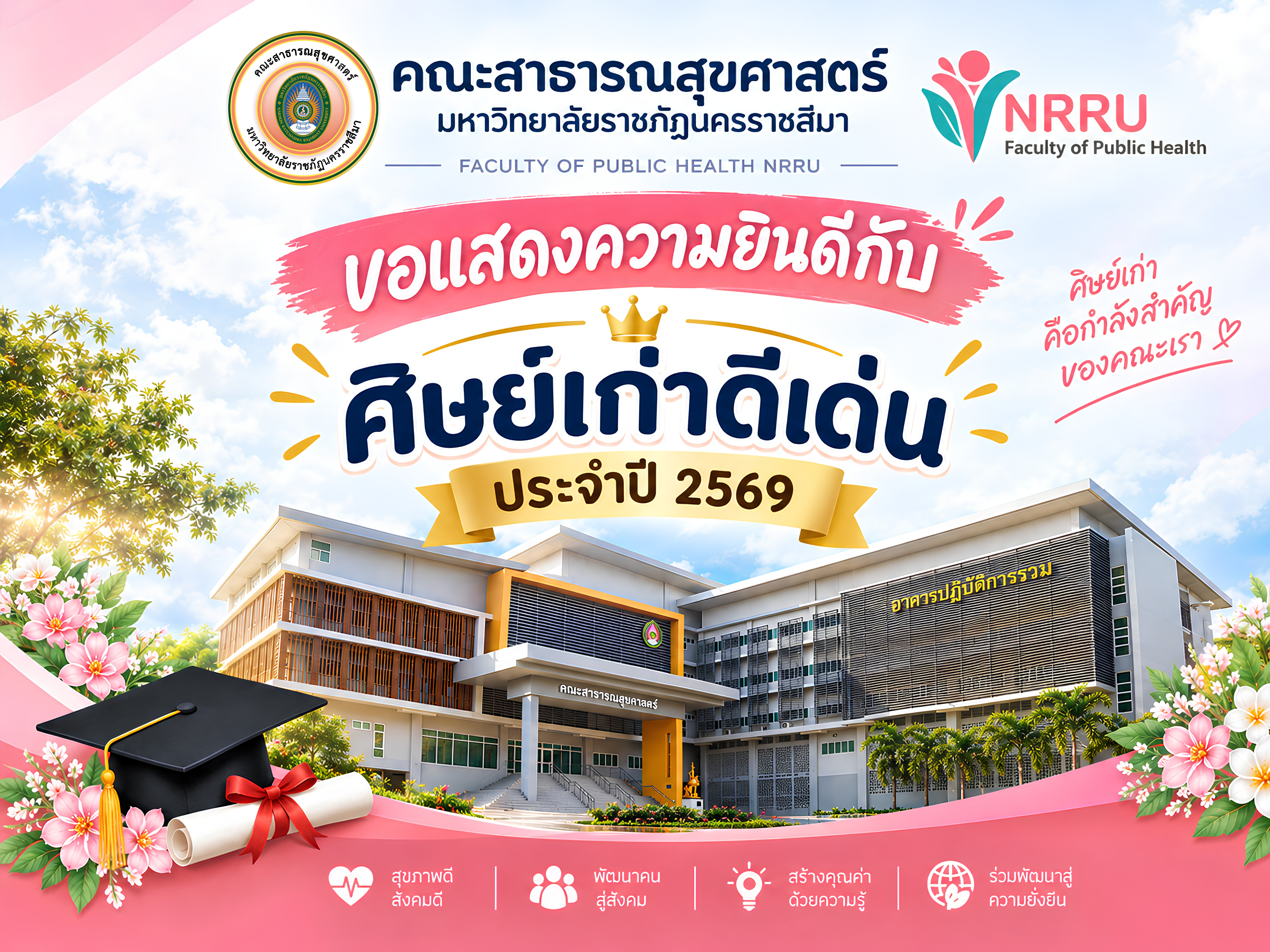 📣 คณะสาธารณสุขศาสตร์ มหาวิทยาลัยราชภัฏนครราชสีมา ประกาศผลการคัดเลือก ศิษย์เก่าดีเด่น ประจำปี 2569 🏅 เพื่อสร้างความสัมพันธ์อันดีระหว่างคณะกับศิษย์เก่า 🤝 และเป็นการประกาศเกียรติคุณแก่ศิษย์เก่าผู้สร้างคุณประโยชน์และมีผลงานโดดเด่นในด้านต่าง ๆ 🌟